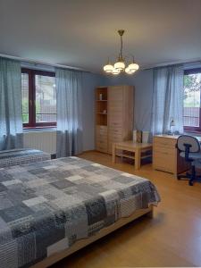 a bedroom with a bed and a desk and windows at DreamLand in Poprad