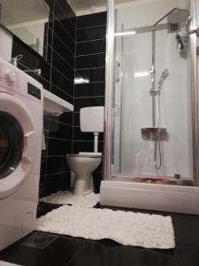 a bathroom with a shower and a toilet and a washing machine at Apartment M&A in Osijek