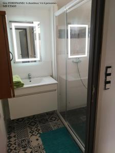 Un baño con ducha, lavabo y espejo. en LA GALNAIS, en Ploërmel