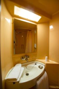 La salle de bains est pourvue d'un lavabo et d'un miroir. dans l'établissement Premiere Classe Orleans Ouest - La Chapelle St Mesmin, à La Chapelle-Saint-Mesmin