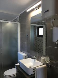 a bathroom with a sink and a toilet and a mirror at APARTMA BENY with SAUNA in Žaga