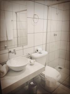 La salle de bains est pourvue d'un lavabo, de toilettes et d'un miroir. dans l'établissement Pousada Rancho do Ralf, à Pirenópolis