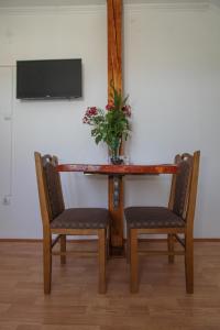 uma mesa com duas cadeiras e uma planta sobre ela em Apartman Luka em Trebinje