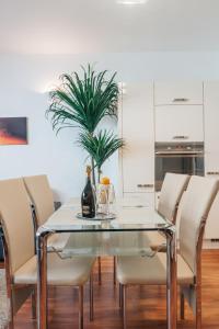 a glass dining room table with chairs and a plant at Nobless Apartment Brno in Brno