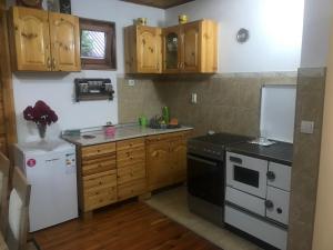 a kitchen with wooden cabinets and a black and white appliance at Apartment Anica in Mokra Gora