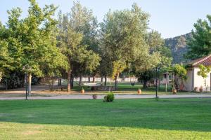 a park with green grass and trees and a bench at Camping Linaraki Apartments & Bungalows in Sykia Chalkidikis