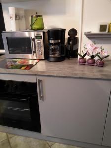 um balcão de cozinha com um micro-ondas e comodidades para preparar café em L'appart em Reims