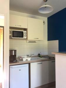 eine Küche mit Spüle und Mikrowelle in der Unterkunft Appartement T2 cabine dans résidence avec piscine proche Honfleur - Deauville - Pont L'evêque in Équemauville