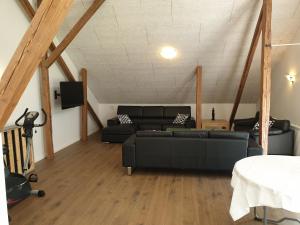 a living room with a black couch and a tv at Gørdinglund Herregård Bed & Breakfast in Gørding