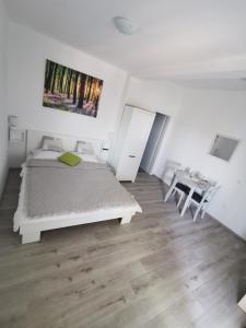 a white bedroom with a bed and a table at Apartmani Mila in Starigrad-Paklenica