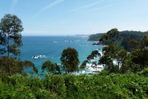 uitzicht op de oceaan vanaf de top van een heuvel bij Casas en Muros de Nalón (5km de Cudillero) in Muros de Nalón