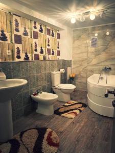 uma casa de banho com um lavatório, um WC e uma banheira em Lux Apartament em Zalău