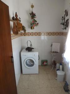 a bathroom with a washing machine in the corner at A casa da vila in Sousel