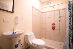 y baño con lavabo, aseo y ducha. en Flor de Katty Hostel Airport en Alajuela