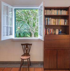 ポンタ・デルガダにあるCasa dos Agapantosの窓付きの部屋の椅子、本棚