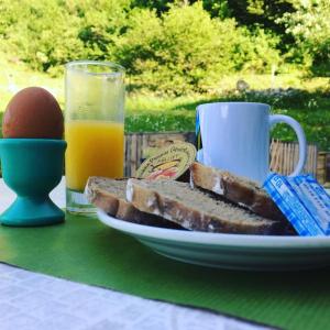 un plato de tostadas, un huevo y un vaso de zumo de naranja en Village Vacances Le Grépillon, en Les Rousses