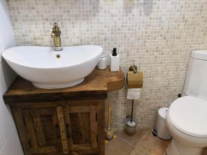 un baño con lavabo e inodoro en Apartma Lipek, en Pristava