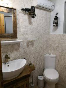 y baño con lavabo, aseo y espejo. en Apartma Lipek en Pristava