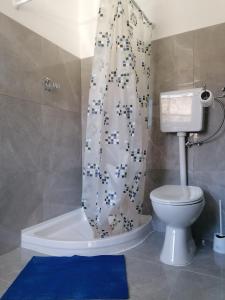 a bathroom with a toilet and a shower curtain at Apartment Rino in Rijeka