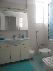 ein weißes Bad mit einem Waschbecken und einem WC in der Unterkunft Kymi Bay House in Platána