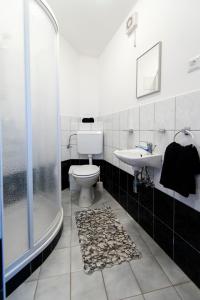 Un baño con inodoro, lavabo y ducha. en Villa Istria, en Poreč