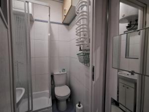 łazienka z toaletą, umywalką i prysznicem w obiekcie Krakow Centrum Gurgacza Apartments w Krakowie