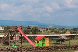 舒加塔格盐矿镇Pensiunea Cosău的带有红色滑梯和游乐设施的游乐场