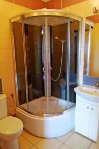 a shower in a bathroom with a toilet and a sink at Ranczo u Stefana in Ustronie Morskie +49 photos