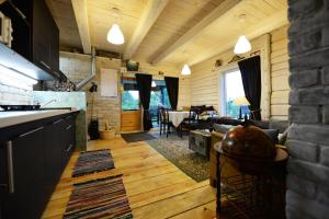 Cabaña de madera con cocina y sala de estar. en Kliukai, en Dubingiai