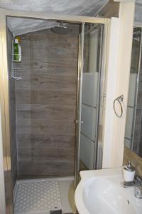 a shower with a glass door next to a sink at B&B La terrazza in Montalbano Elicona
