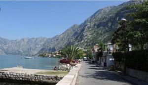 a street next to a body of water with a mountain at Apartments 101 in Kotor