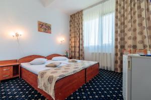 a hotel room with a bed and a window at Motel Blue River Calimanesti in Călimăneşti