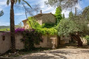 a stone house with a palm tree and flowers at Casa Jasmin at Masia Nur Sitges, Adults only in Canyelles