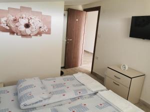 a bedroom with a bed with pillows and a television at Diva Kompani Rooms in Berovo