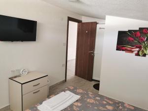 Habitación con cama y TV en la pared. en Diva Kompani Rooms, en Berovo