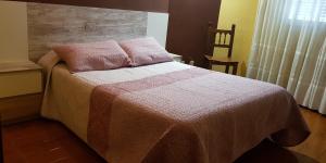 a bedroom with a bed with a pink blanket and a window at Hostal Fisterra in Lugo +19 photos