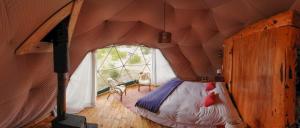 una camera con un letto in una stanza con una grande finestra di Patagonia Eco Domes a El Chalten