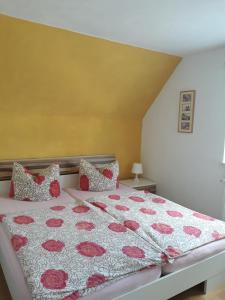 フラウエンヴァルトにあるWanderunterkunft bei Spindlerのベッドルーム1室(ピンクと赤の枕が備わる大型ベッド1台付)