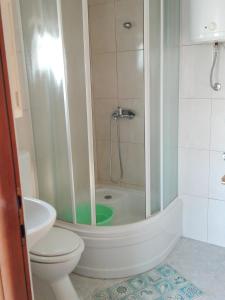 uma casa de banho com um chuveiro, um WC e um lavatório. em Apartment Josip -Tomic em Miletići