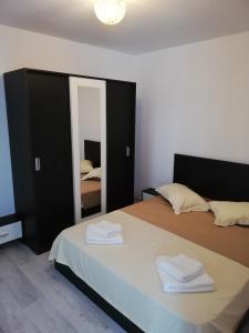 コンスタンツァにあるApartament Roxiのベッドルーム1室(ベッド2台、鏡付)
