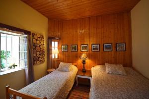 two beds in a bedroom with wooden walls and a window at Christys Palace Hotel in Pedoulas