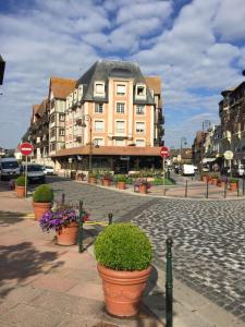 多維爾的住宿－Coeur Deauville Grand 3 pièces avec Parking，城市街道上一座种植盆栽植物的建筑