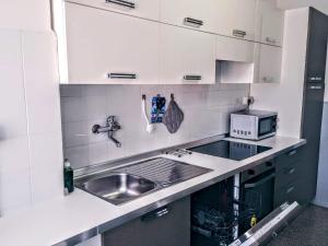 cocina con fregadero y microondas en Appartamento con terrazzo zona ospedale civile, en Brescia