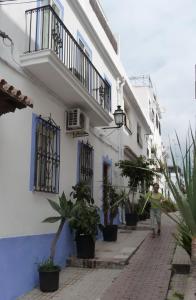 uma pessoa andando por uma rua com vasos de plantas em Casa-Casita em Marbella