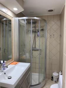 uma casa de banho com um chuveiro, um lavatório e um WC. em chez Eva em Nice