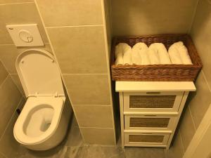 a bathroom with a toilet and a basket of towels at Demix in Koper