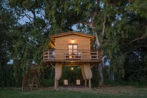 a tree house with a deck and a ladder at River TreeHouse in Laganas