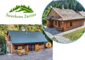a picture of a log cabin and a picture of a house at Świerkowe Zacisze Domki in Budzów