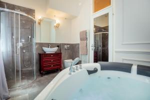 Ben Akiba Luxury Suites في بلغراد: حمام مع حوض استحمام ودش ومغسلة