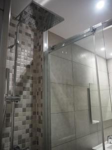 a shower with a glass door in a bathroom at Piso con encanto en la parte vieja. in Hondarribia